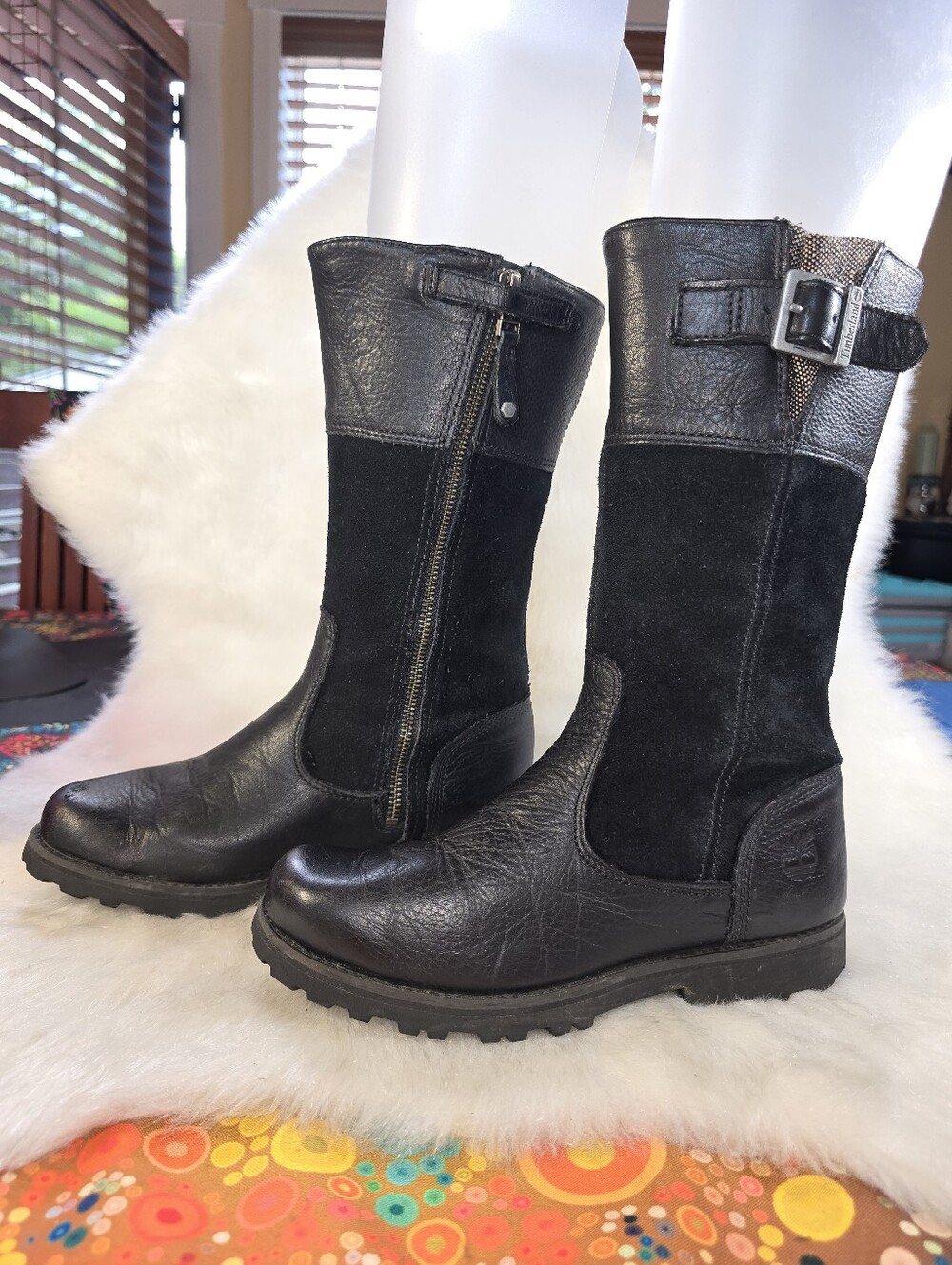 Timberland "Maplebrook" Girls Black Leather & Suede Mid-Calf Zip Boots w/Buckle